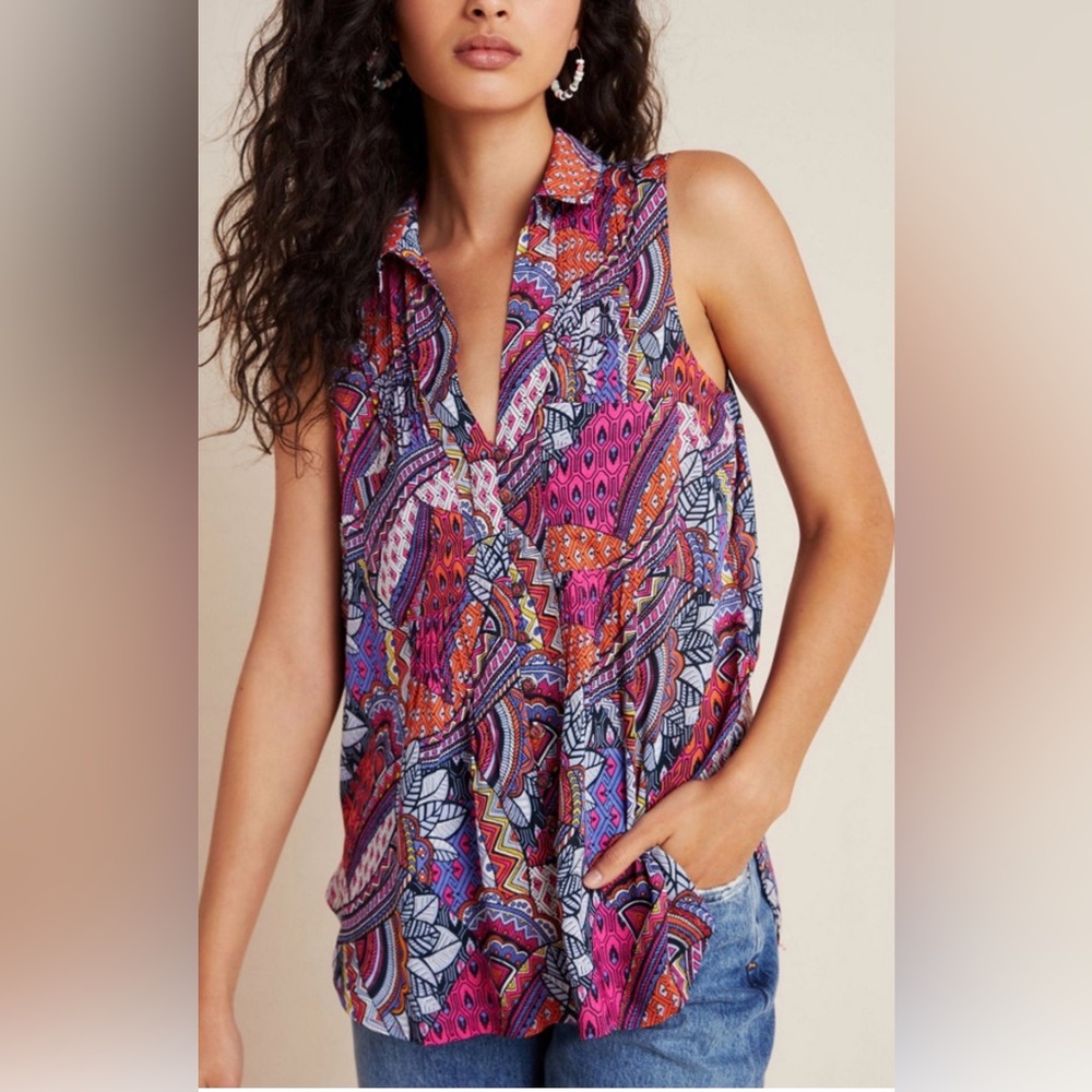 Maeve Anthropology Boho Whimsical Sleeveless Shirt Pink Purple Orange XS Pockets